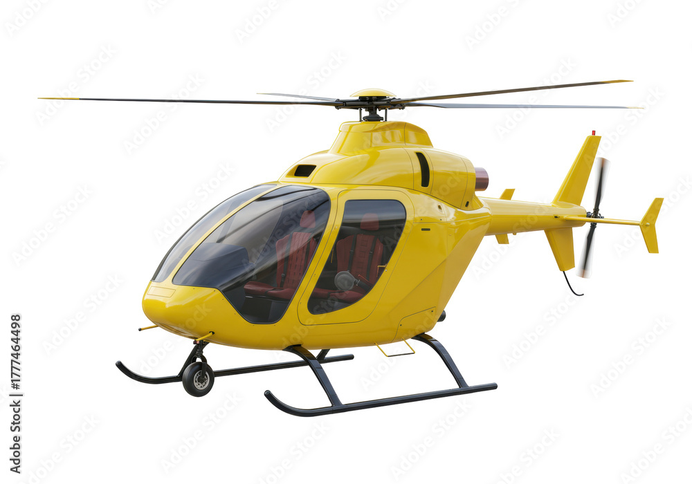 Fototapeta premium Isolated yellow helicopter with red seats and a tail rotor, side view, ready to fly