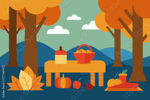 Autumn Picnic in Woods Vector Background