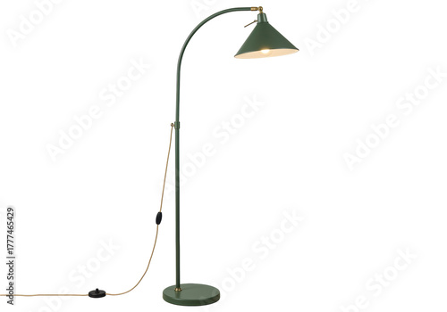 Isolated floor lamp features a stylish, vintage design and a green finish in a studio setting