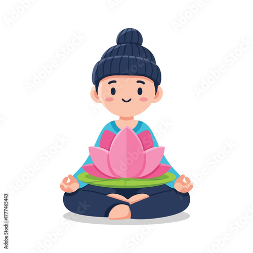 Peaceful child meditating with serene lotus flower, finding inner calm