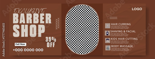 Modern barbershop advertisement with two stylish men getting haircuts and vintage design elements.
Modern barber shop advertisement with vintage style featuring haircuts and grooming services.