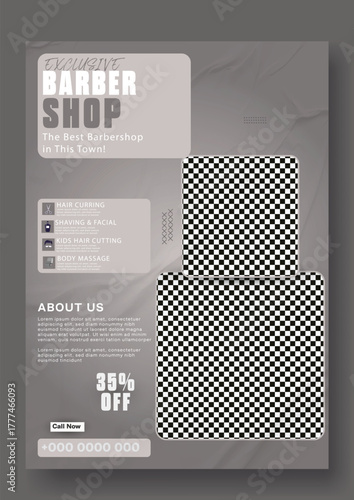 Modern barber shop advertisement with vintage style featuring haircuts and grooming services.
Modern barber shop advertisement with professional haircut services and discount offer.