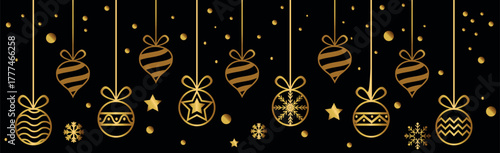 Christmas golden Christmas decorations and candies on a black background - Vector illustration
