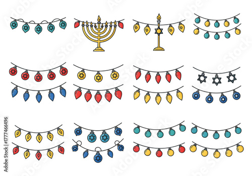 Festive Hanukkah Decorations Garlands and Menorah Illustration