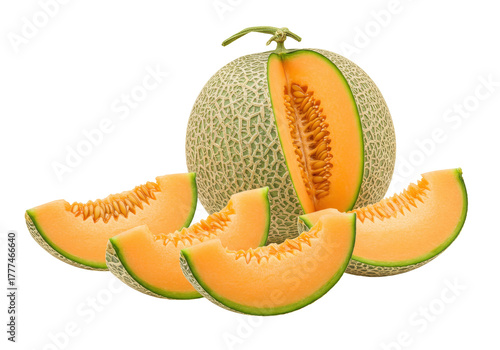 Photos Isolated cantaloupe with slices, fresh melon, cut piece, vegetarian diet, health