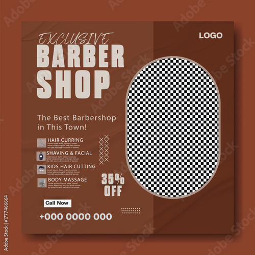 Modern barber shop advertisement with professional haircut services and discount offer.
Vintage barber shop magazine cover featuring classic hairstyles and grooming techniques.