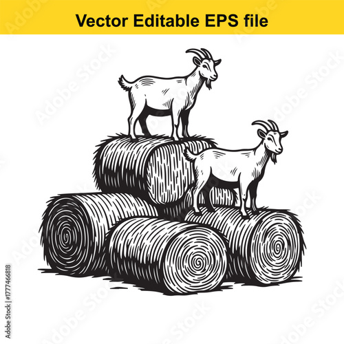 Two goats standing on hay bales, , vector illustration
