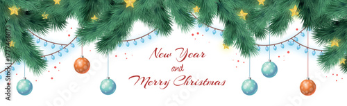 Christmas festive realistic tree with many multi-colored Christmas balls, bright garland - Vector illustration