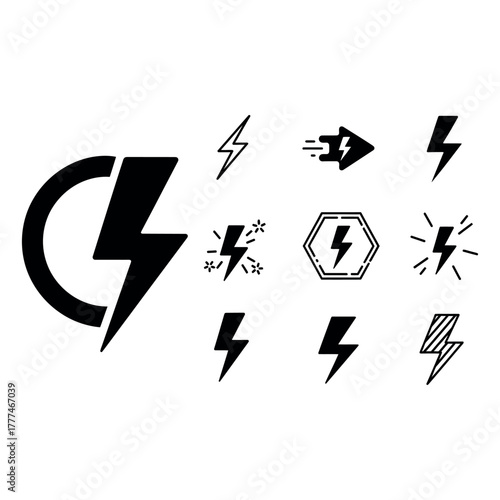 High Voltage Icons Set – Electrical Energy, Warning, and Power Symbols
