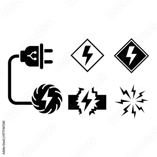 High Voltage Icons Set – Electrical Energy, Warning, and Power Symbols