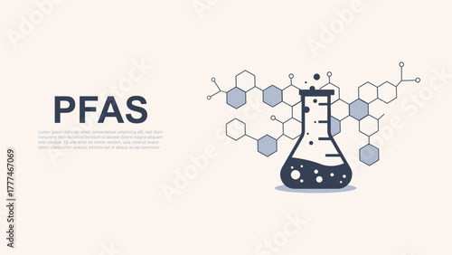 PFAS text, scientific flask, and abstract hexagon molecular structure for chemistry, research, business or environmental projects. PFAS concept. Forever chemicals. Vector illustration