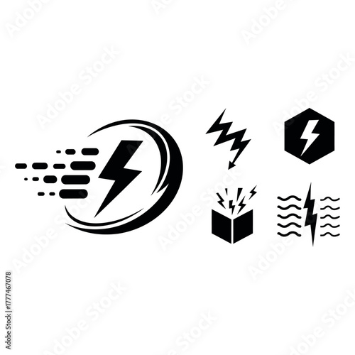 High Voltage Icons Set – Electrical Energy, Warning, and Power Symbols