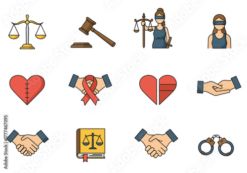 Symbols of Justice, Support, and Connection Vector Icons for Law, Charity, and Relationships
