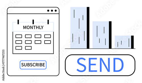 Subscription page with calendar, subscribe button, bar chart data, and send button. Ideal for analytics, growth, digital marketing, subscriptions planning productivity fintech. Minimal flat