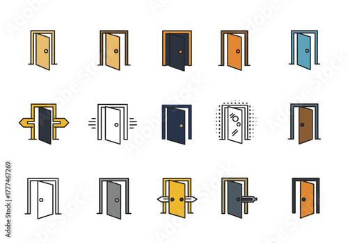Collection of Open Door Icons with Modern, Flat Designs for Website and App