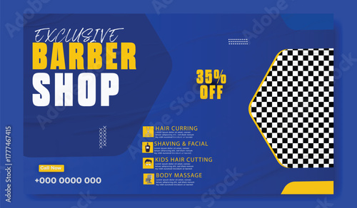 Stylish bearded man posing in a modern barber shop advertisement with discount offer.
Modern barber shop advertisement with vintage style featuring haircuts and grooming services