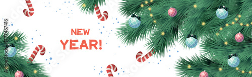 Christmas branches with festive balls and garlands, Happy New Year and Merry Christmas greetings on a dark background - Vector illustration