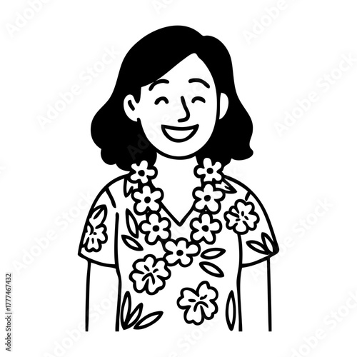 Aloha en Hawaii. Dibujo sencillo de mujer sonriente con camiseta hawaiana con corona de flores 