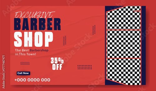 Stylish bearded man posing in a modern barber shop advertisement with discount offer.
Modern barber shop advertisement with vintage style featuring haircuts and grooming services