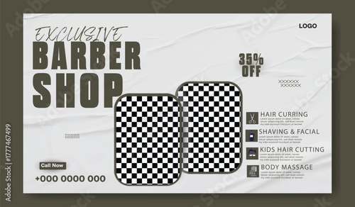 Stylish bearded man posing in a modern barber shop advertisement with discount offer.
Modern barber shop advertisement with vintage style featuring haircuts and grooming services