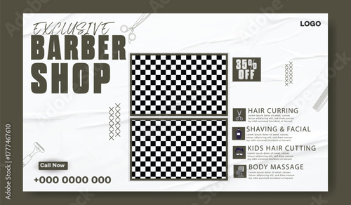 Stylish bearded man posing in a modern barber shop advertisement with discount offer.
Modern barber shop advertisement with vintage style featuring haircuts and grooming services