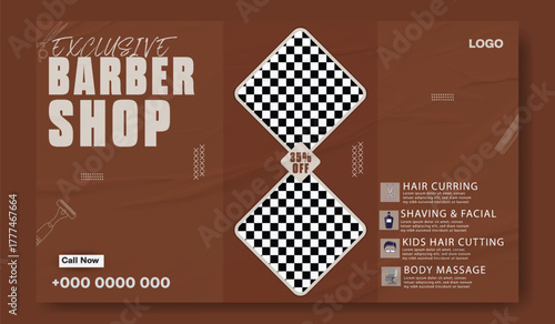 Stylish bearded man posing in a modern barber shop advertisement with discount offer.
Modern barber shop advertisement with vintage style featuring haircuts and grooming services