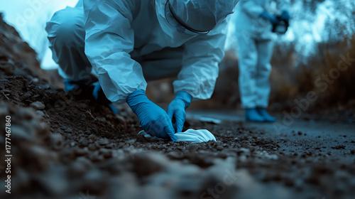 A forensic science investigation team examining a crime scene outdoors. Evidence is carefully being collected, preserving integrity under dim light, to process clues effectively.