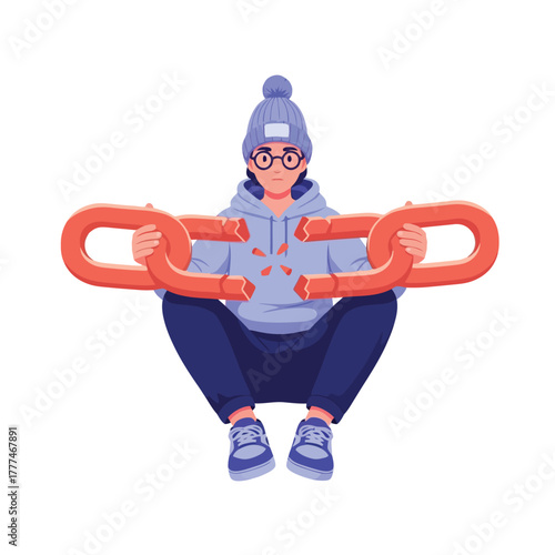 Frustrated person holding broken chain links symbolizing connection failure