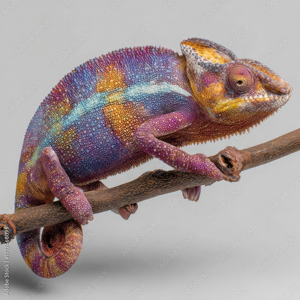 Obraz premium A chameleon clings tightly to a small twig, its coiled tail dangling freely against a bright white background.