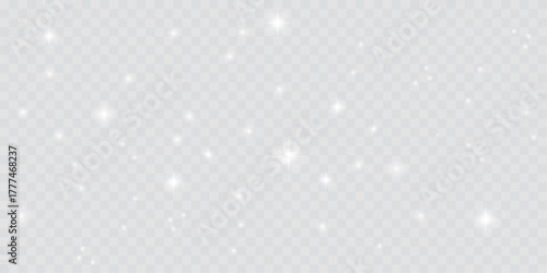 Radiant light effect featuring shimmering glitter and glowing particles on a transparent background. White sparkle dust creates a festive, magical ambiance—perfect vector for Christmas holiday designs