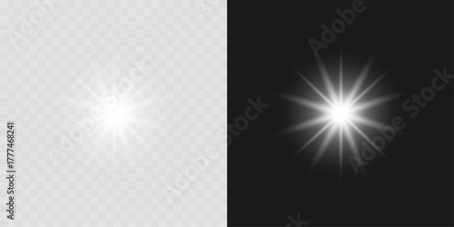 A radiant silver star with a bright white glow and sparkling flare effect. Elegant glowing starlight vector perfect for Christmas décor, festive designs, and luminous light overlays or digital effects