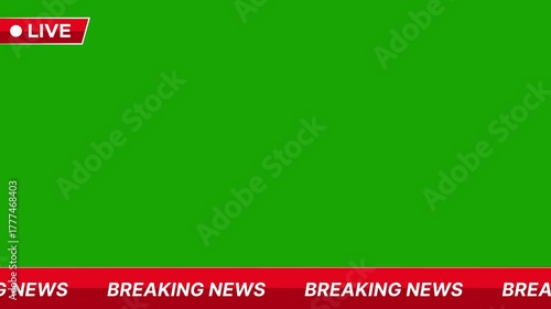  breaking news Green screen animation with red LIVE banner and scrolling ticker for broadcast overlays and media production