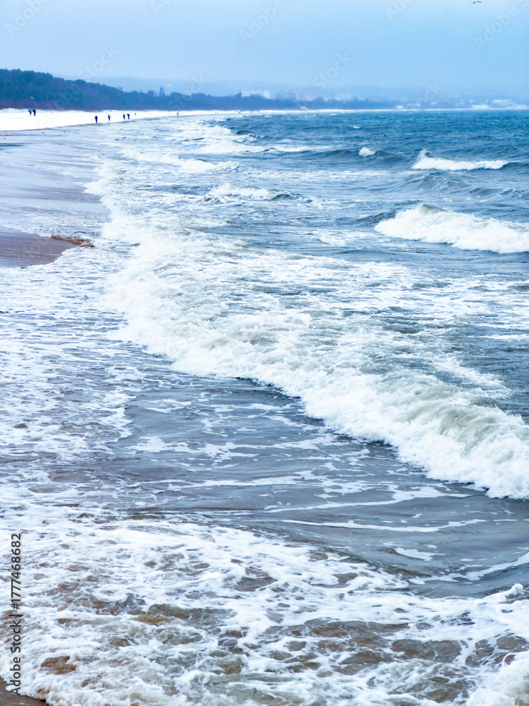 Obraz premium Winter Landscape: Waves and Snow-Covered Shore