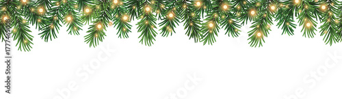 Seamless decorative vector christmas border with coniferous branches and garlands of christmas lights on transparent background	
