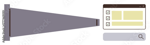 Funnel narrows unstructured data into organized checklist and search results. Ideal for data management, filtration, organization, research, categorization, analytics, workflow, simple flat metaphor