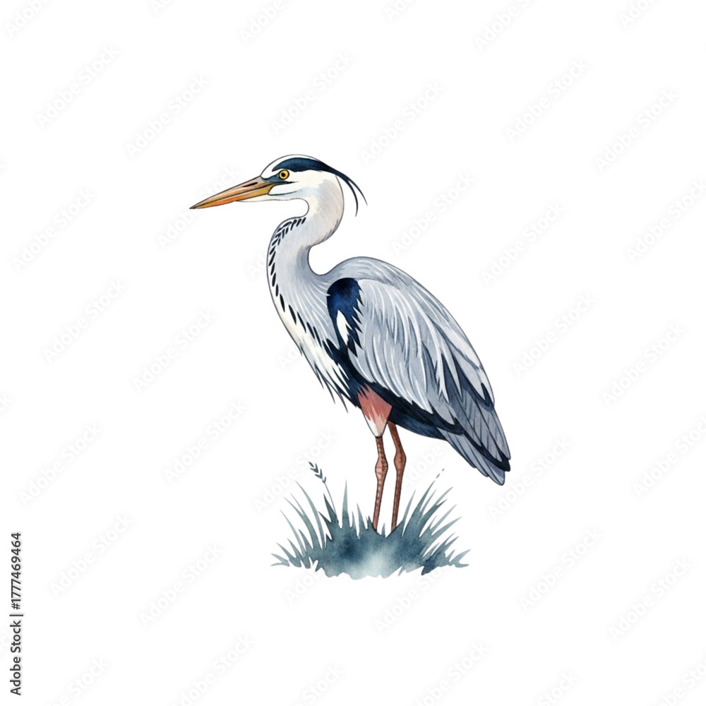 Fototapeta premium Detailed illustration of a grey heron standing calmly on grass. Symbol of patience, elegance, focus, and wetland wildlife.
