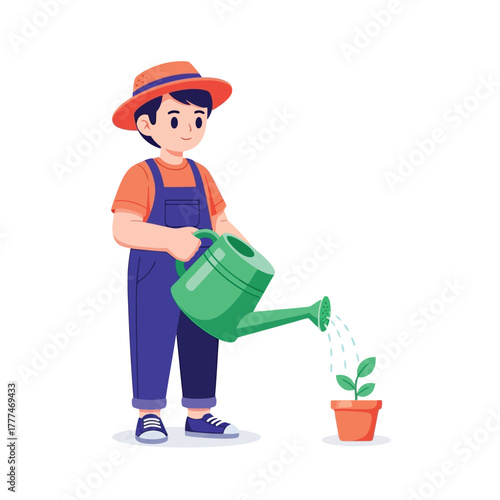 Young gardener nurturing plant growth with watering can in bright, clean style