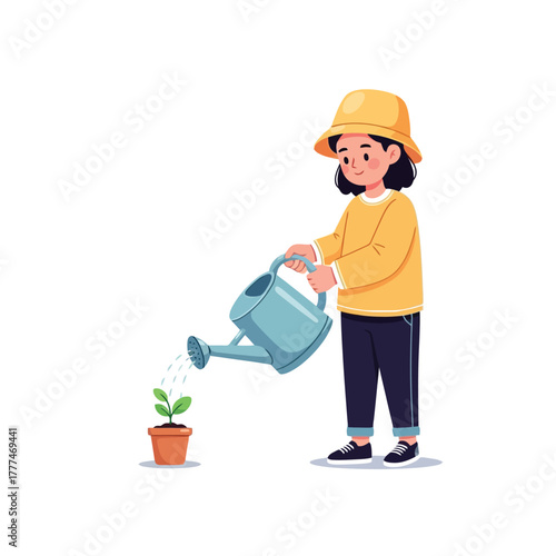 Child happily watering a new plant, symbolizing growth and care