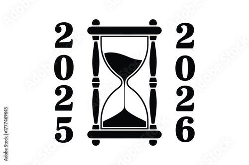 Time passing from 2025 to 2026 design featuring an hourglass