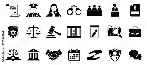 Collection of law and justice icons, representing legal processes, and the pursuit of fairness