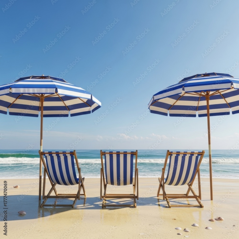 Obraz premium Tranquil Beach Escape: Striped Umbrellas and Chairs Under Azure Sky Reflecting Sea