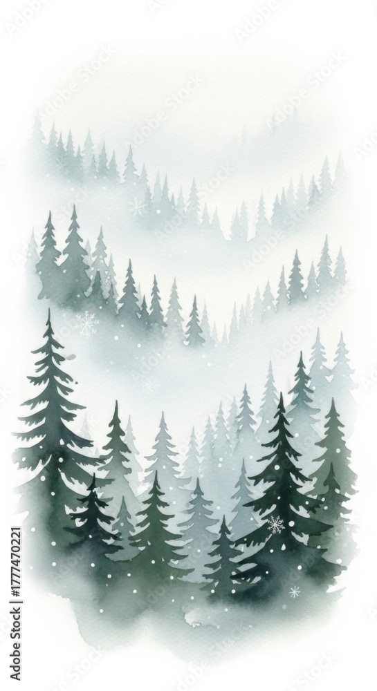 Obraz premium Ethereal forest watercolor painting depicting misty hills in winter season scene