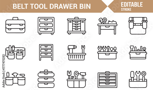 Vector icon set of construction belt bins, wrenches, and handyman equipment