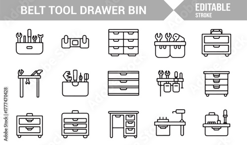 Line art icons representing workshop tools, drawers, and hardware equipment