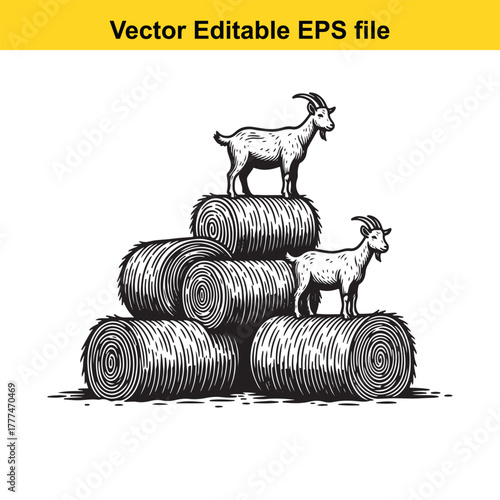 Vintage sketch of two goats standing on hay bales with mountains in the background, vector art