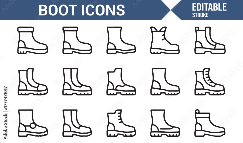 Fototapeta premium Line art icons representing different types of boots for clothing and fashion themes