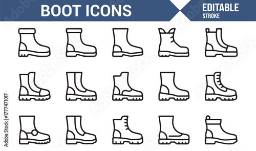 Line art icons representing different types of boots for clothing and fashion themes
