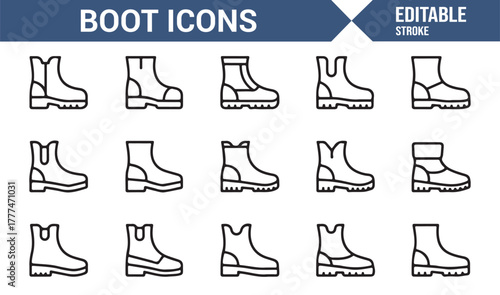 Editable vector icons of fashion boots and footwear styles in modern outline design
