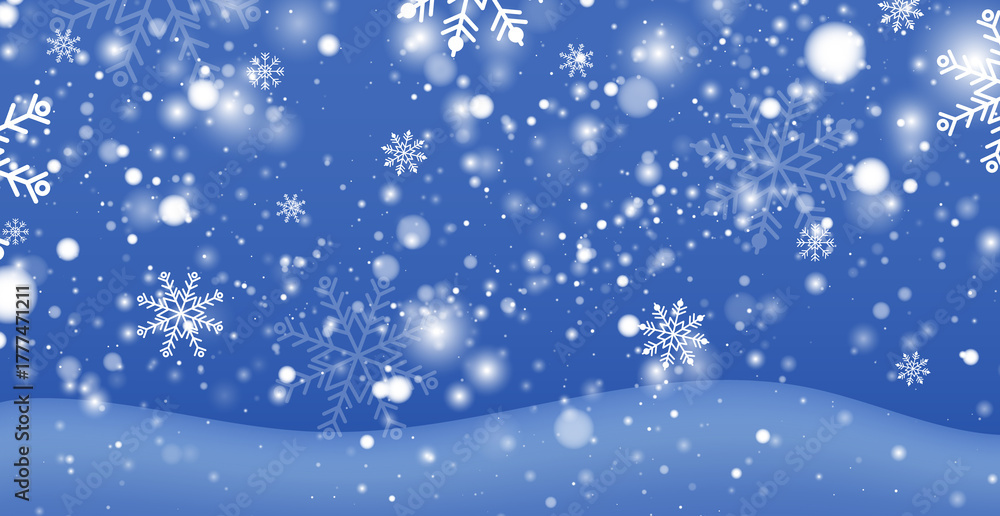 Fototapeta premium White falling snow, big snowdrifts, different snowflakes, festive Christmas background