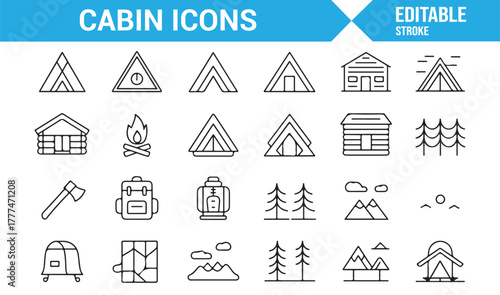 Vector icon set of camping equipment, hiking essentials, and mountain scenery